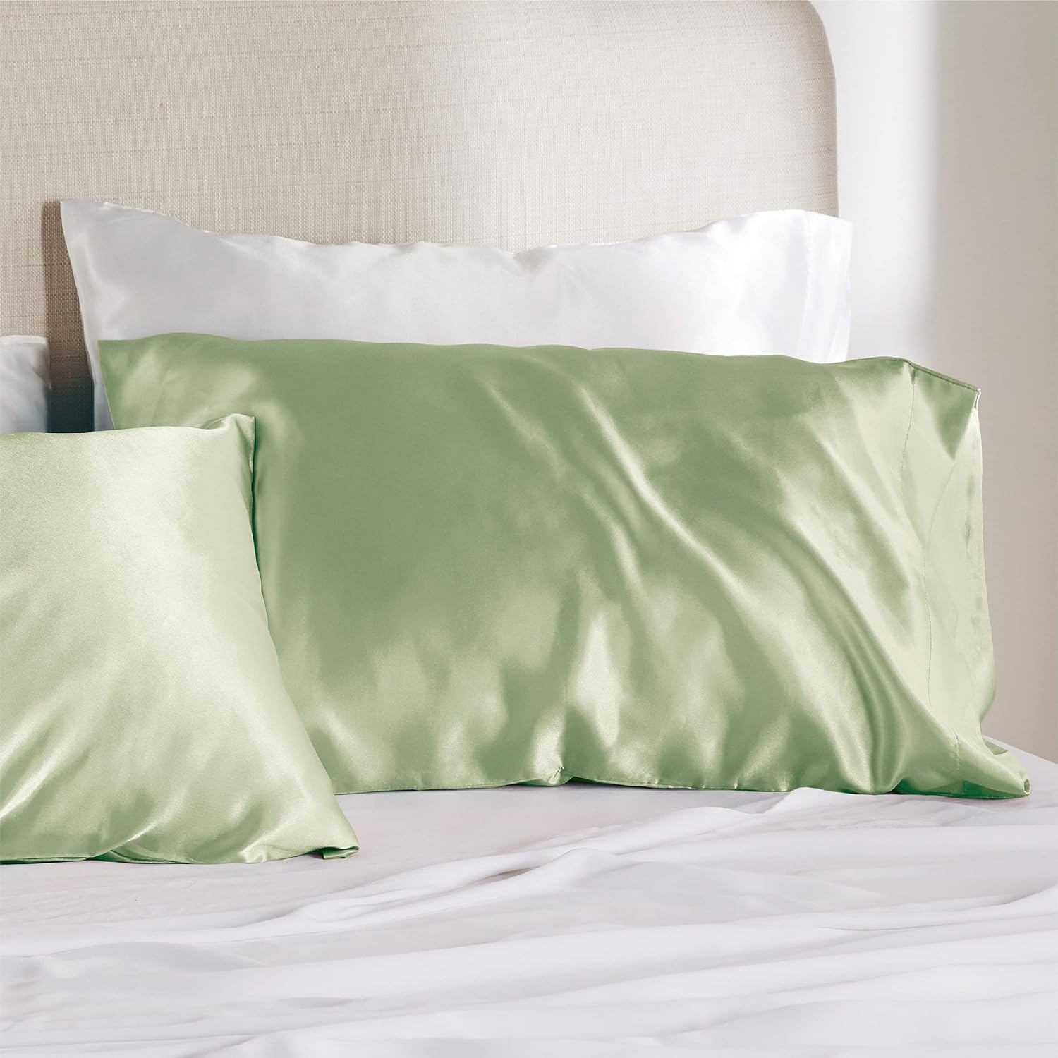 image:imageBedsure Satin Pillowcase with Zipper Similar to Silk Pillow Cases 2 Pack Satin Pillow Cases Queen Silky amp Soft Beige Pillow Covers Hair and Skin Valentines Day Gifts for Women Men 20x30 Inches08 Sage Green Zipper