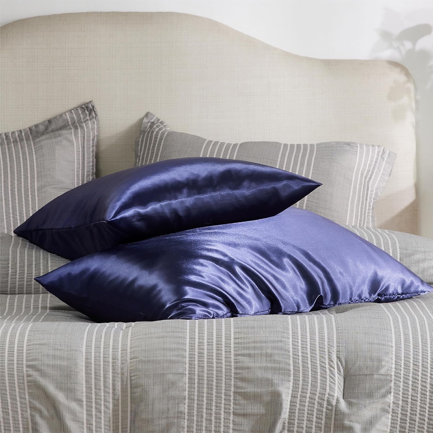 image:imageBedsure Satin Pillowcase with Zipper Similar to Silk Pillow Cases 2 Pack Satin Pillow Cases Queen Silky amp Soft Beige Pillow Covers Hair and Skin Valentines Day Gifts for Women Men 20x30 Inches13 Navy Zipper
