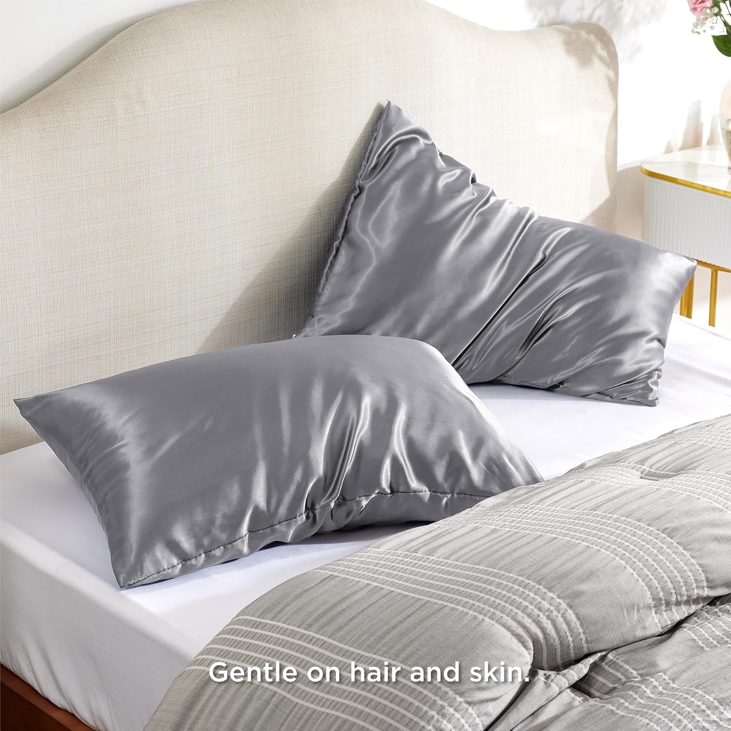 image:imageBedsure Satin Pillowcase with Zipper Similar to Silk Pillow Cases 2 Pack Satin Pillow Cases Queen Silky amp Soft Beige Pillow Covers Hair and Skin Valentines Day Gifts for Women Men 20x30 Inches05 Dark Grey Zipper