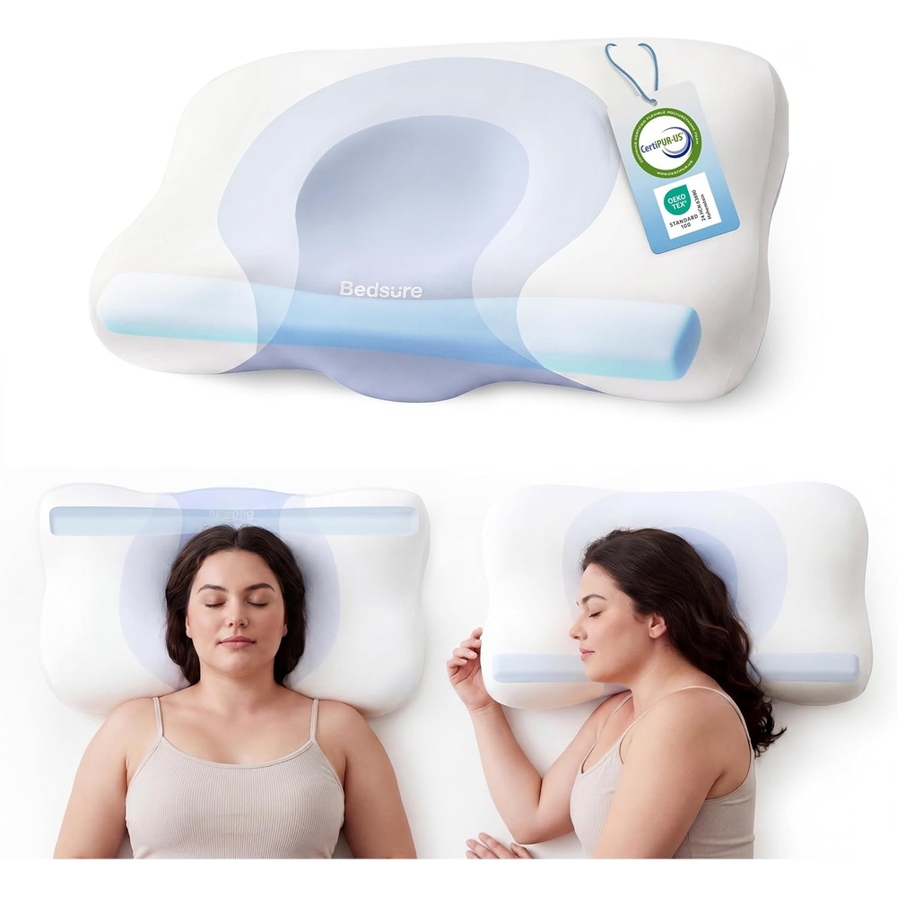 image:imageBedsure Cervical Neck Pillow Memory Foam Pillows for Ergonomic Orthopedic Pillow for Neck Pain Relief Double Sided Design Shape Gently Cradles Head amp Provides for Side amp Back SleepersBlue