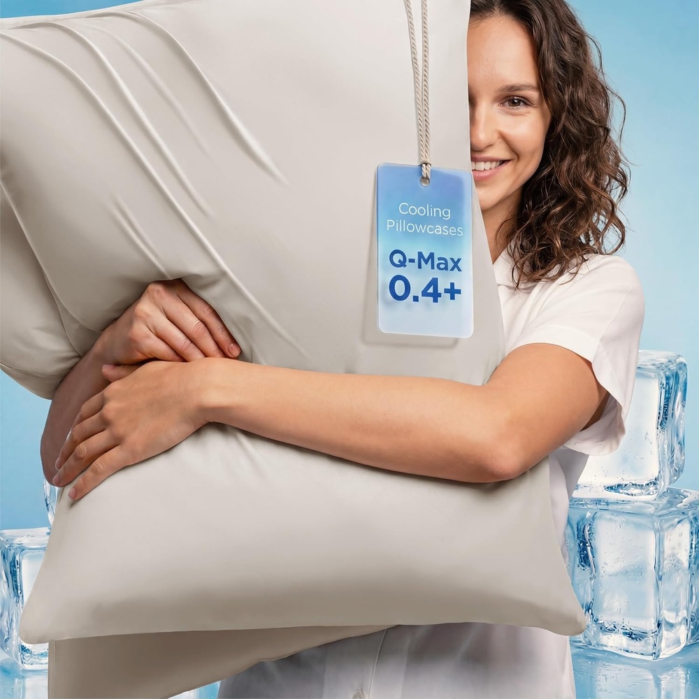 image:imageBedsure Cooling Pillow Cases Queen Size Set of 2 for Hot Sleepers Grey Zippered Closure QMax 04 20 x 30 Inches Reduces Hair Frizz amp Skin Friction Chill for Neck amp Spine Night Sweats04 Beige