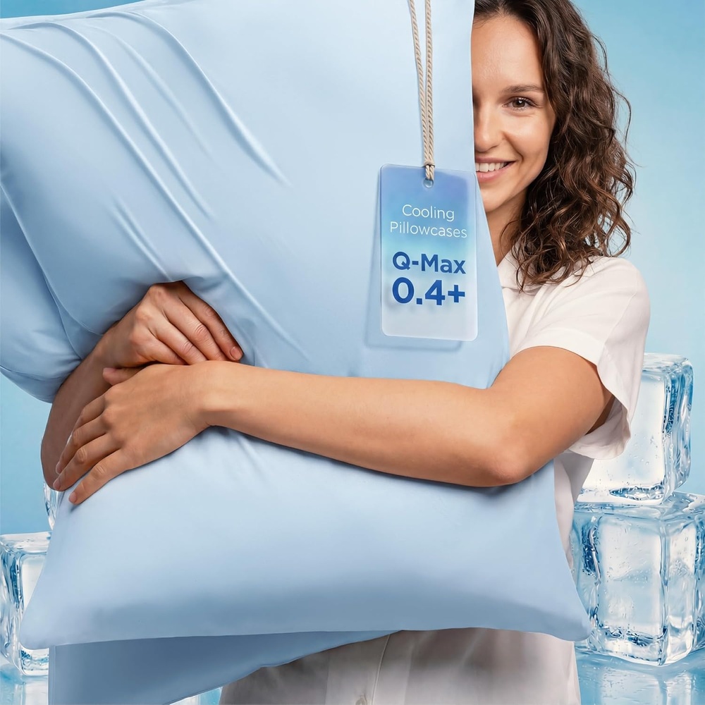 image:imageBedsure Cooling Pillow Cases Queen Size Set of 2 for Hot Sleepers Grey Zippered Closure QMax 04 20 x 30 Inches Reduces Hair Frizz amp Skin Friction Chill for Neck amp Spine Night Sweats02 Blue