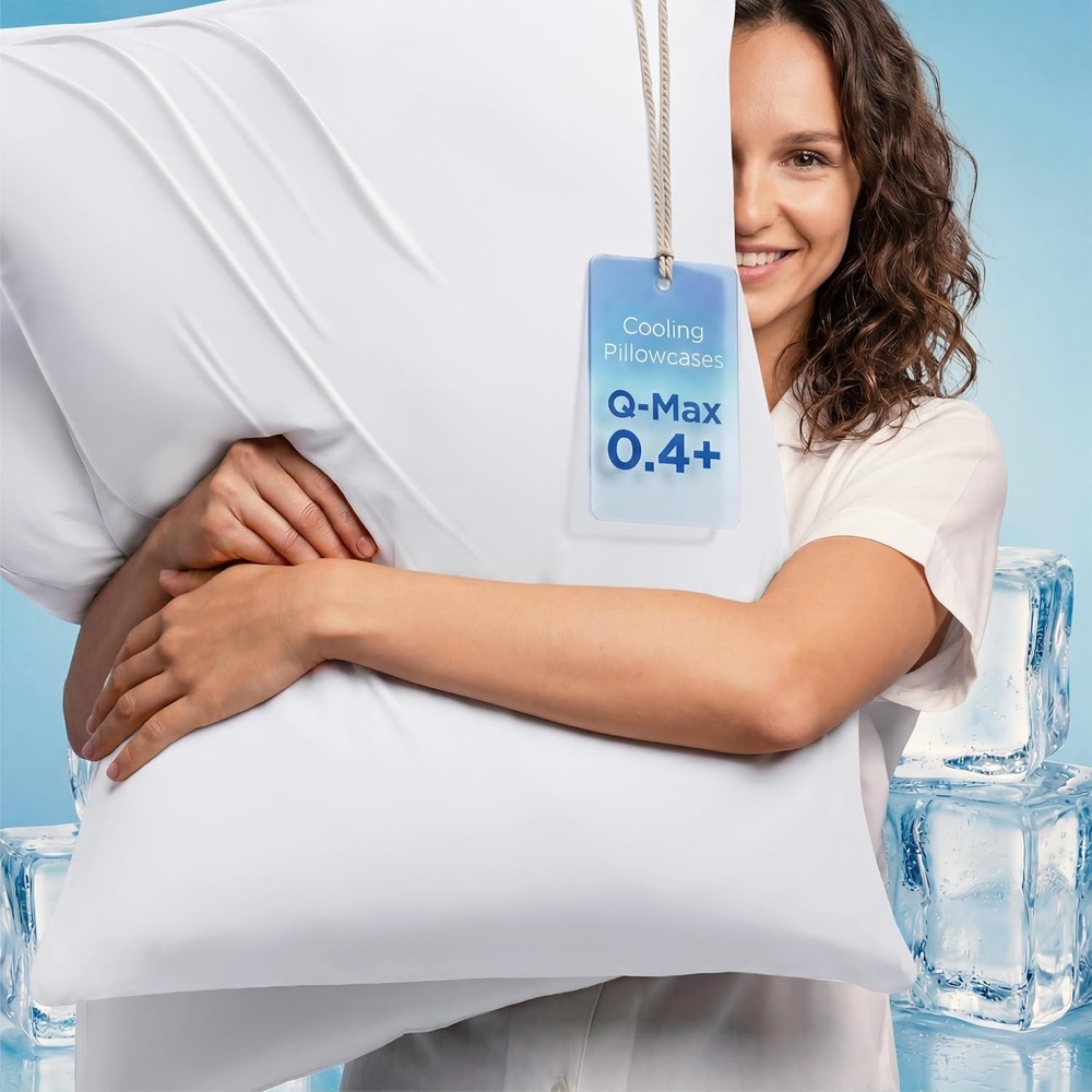 image:imageBedsure Cooling Pillow Cases Queen Size Set of 2 for Hot Sleepers Grey Zippered Closure QMax 04 20 x 30 Inches Reduces Hair Frizz amp Skin Friction Chill for Neck amp Spine Night Sweats03 White