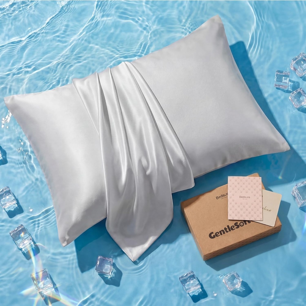 image:imageBedsure Cooling Pillowcase for Hot Sleepers Silk Like Pillow Case Queen Size Set of 2 Reduce Wrinkles amp FrizzFree Hair Infused with HA amp Ceramides for Skin Hidden Zipper Queen White03 Grey