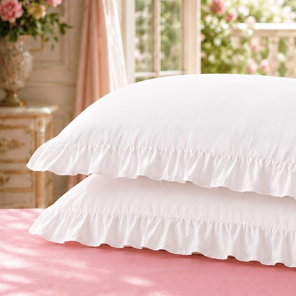 image:imageBedsure Ruffle Pillow Cases Standard Size Set of 2 Black Pillow Shams  27 French Ruffles Distressed Vintage Shams Envelope Closure Doublebrushed Microfiber 20 x 26 Wrinkle Fade Resistant01  White