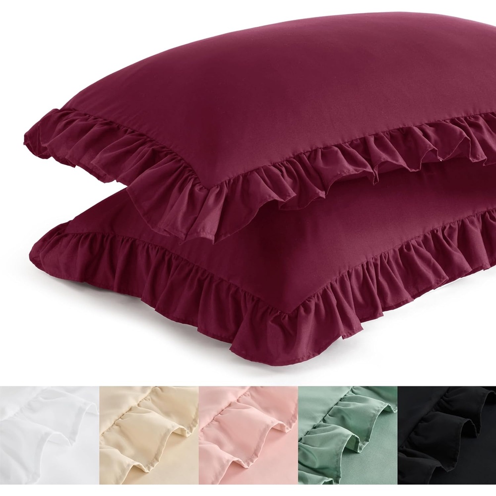 image:imageBedsure Ruffle Pillow Cases Standard Size Set of 2 Black Pillow Shams 27 French Ruffles Distressed Vintage Shams Envelope Closure Doublebrushed Microfiber 20 x 26 Wrinkle Fade Resistant07 Red