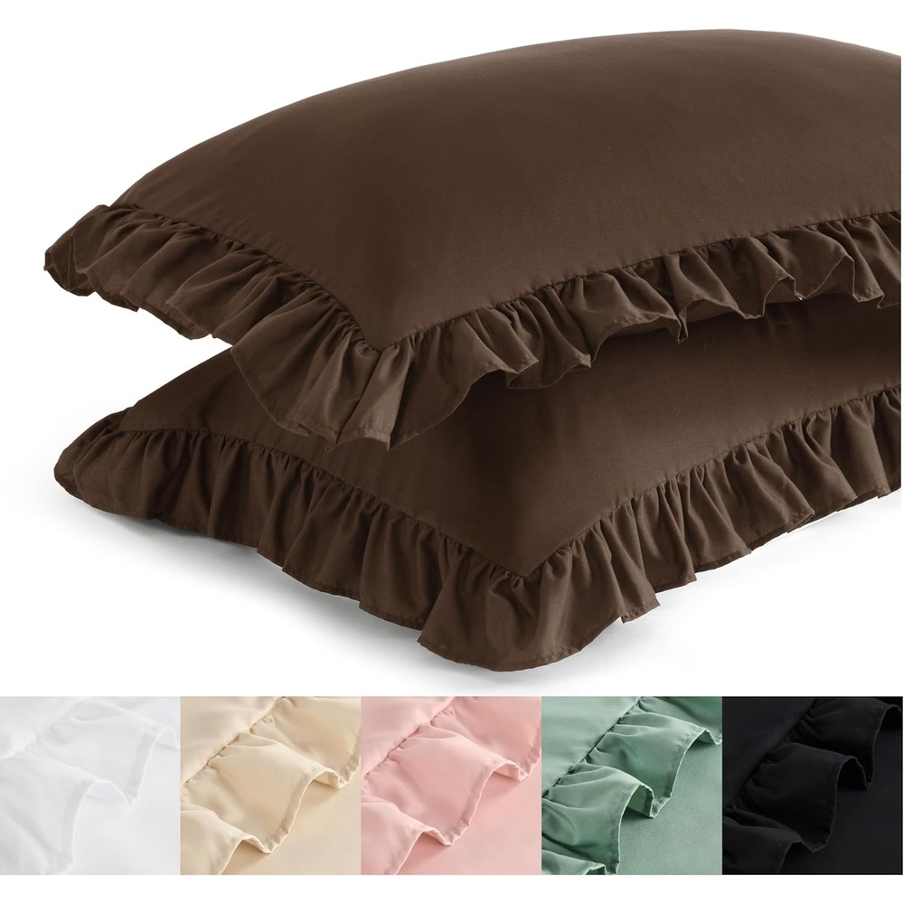 image:imageBedsure Ruffle Pillow Cases Standard Size Set of 2 Black Pillow Shams 27 French Ruffles Distressed Vintage Shams Envelope Closure Doublebrushed Microfiber 20 x 26 Wrinkle Fade Resistant08 Brown