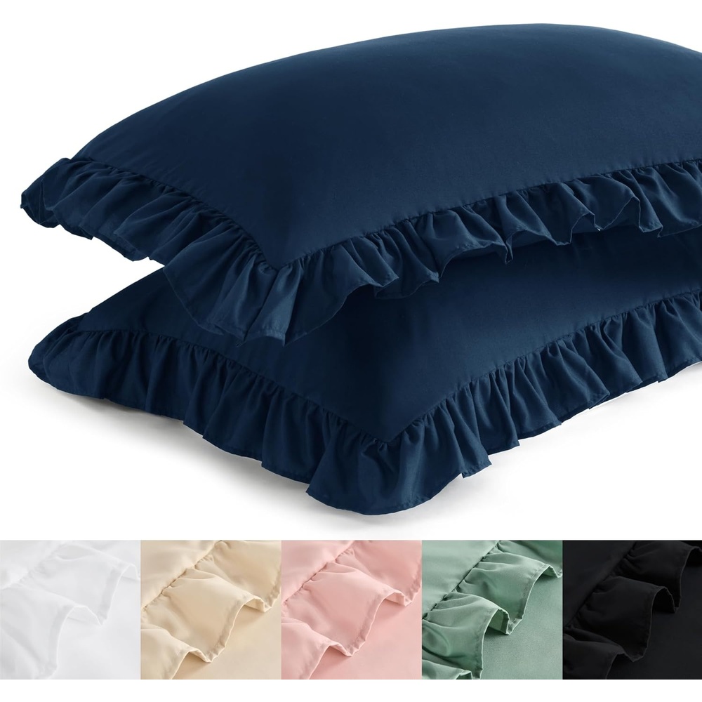 image:imageBedsure Ruffle Pillow Cases Standard Size Set of 2 Black Pillow Shams 27 French Ruffles Distressed Vintage Shams Envelope Closure Doublebrushed Microfiber 20 x 26 Wrinkle Fade Resistant06 Navy