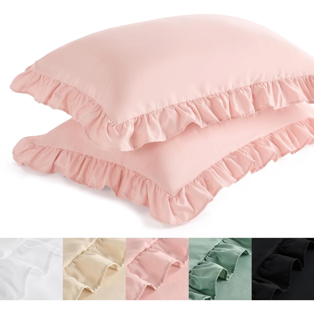 image:imageBedsure Ruffle Pillow Cases Standard Size Set of 2 Black Pillow Shams 27 French Ruffles Distressed Vintage Shams Envelope Closure Doublebrushed Microfiber 20 x 26 Wrinkle Fade Resistant05 Blush Pink