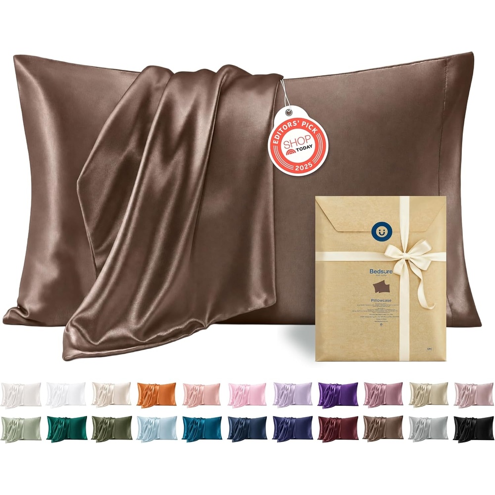 image:imageBedsure Satin Pillowcase Standard Set of 2 Silky Pillow Cases White Similar to Silk Pillow Cases Decorative Covers Room Decor Gifts for Women Men Envelope Closure For Hair Skin 20 x 2611 Brown