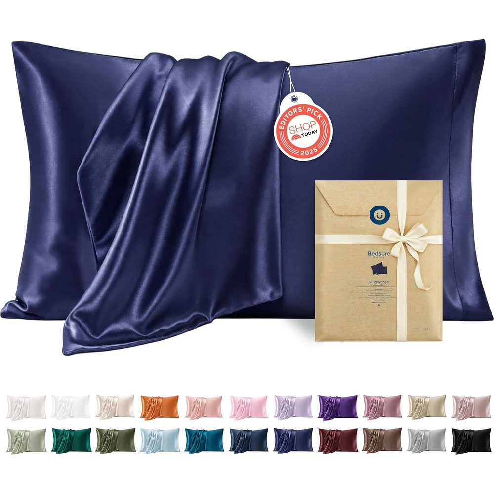 image:imageBedsure Satin Pillowcase Standard Set of 2 Silky Pillow Cases White Similar to Silk Pillow Cases Decorative Covers Room Decor Gifts for Women Men Envelope Closure For Hair Skin 20 x 2609 Navy