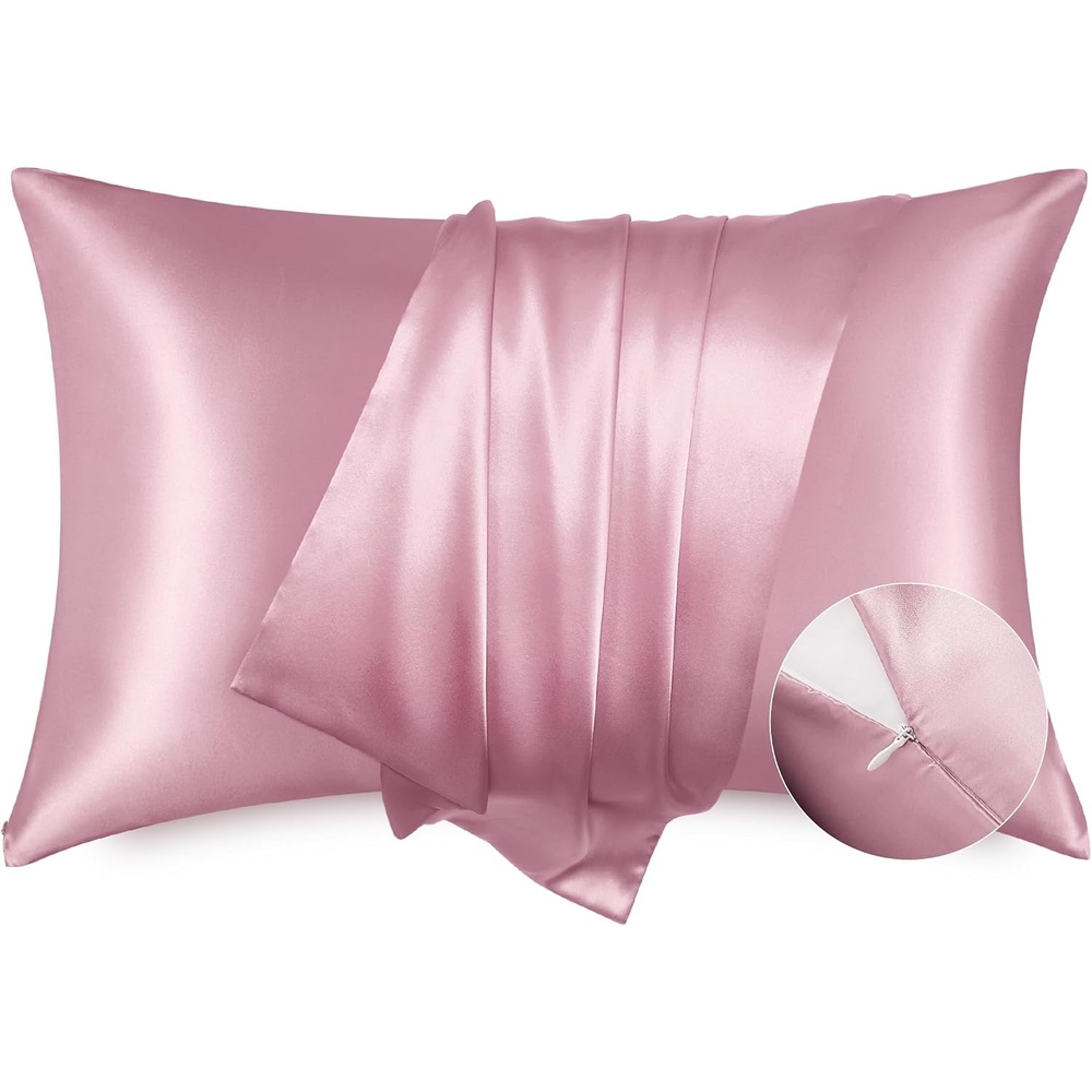 image:imageBedsure Satin Pillowcase with Zipper Similar to Silk Pillow Cases 2 Pack Satin Pillow Cases Queen Silky amp Soft Beige Pillow Covers Hair and Skin Valentines Day Gifts for Women Men 20x30 Inches15 Blush Pink Zipper