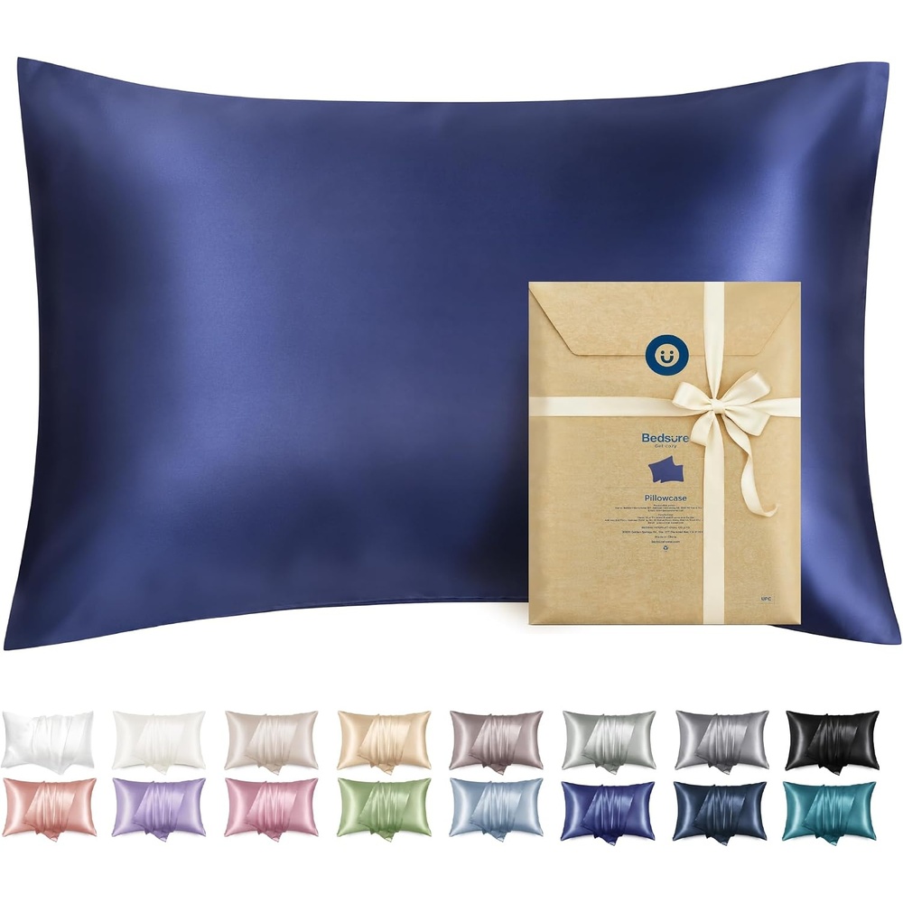 image:imageBedsure Satin Pillowcase with Zipper Similar to Silk Pillow Cases 2 Pack Satin Pillow Cases Queen Silky amp Soft Beige Pillow Covers Hair and Skin Valentines Day Gifts for Women Men 20x30 Inches13 Navy Zipper