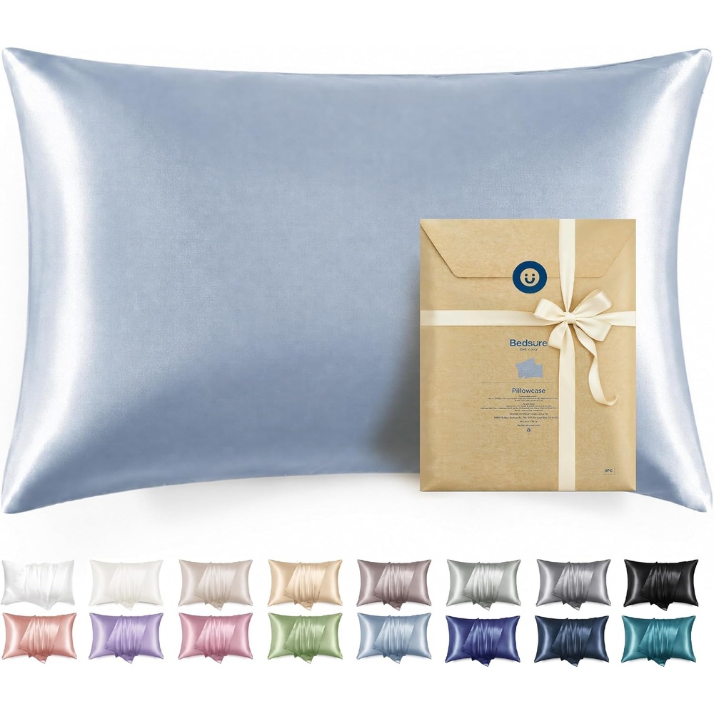 image:imageBedsure Satin Pillowcase with Zipper Similar to Silk Pillow Cases 2 Pack Satin Pillow Cases Queen Silky amp Soft Beige Pillow Covers Hair and Skin Valentines Day Gifts for Women Men 20x30 Inches12 Stone Blue Zipper
