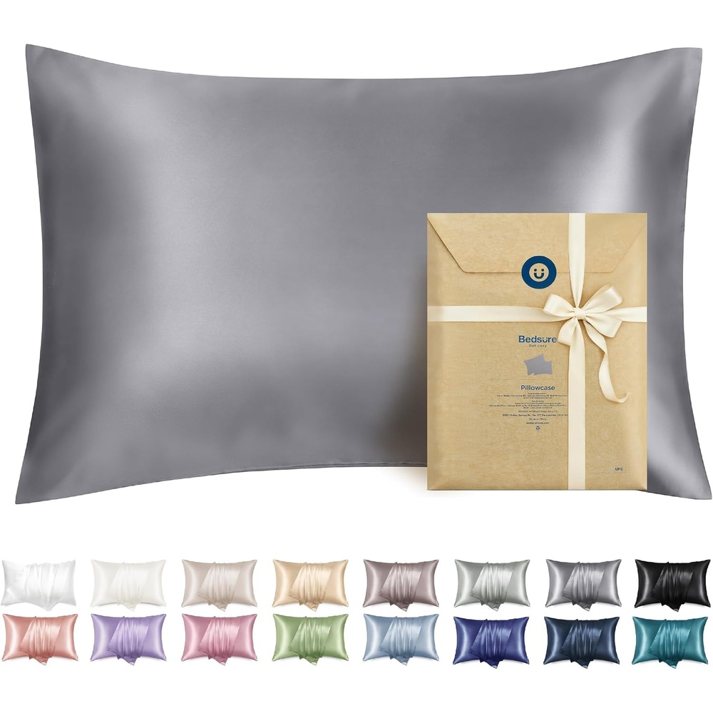 image:imageBedsure Satin Pillowcase with Zipper Similar to Silk Pillow Cases 2 Pack Satin Pillow Cases Queen Silky amp Soft Beige Pillow Covers Hair and Skin Valentines Day Gifts for Women Men 20x30 Inches05 Dark Grey Zipper