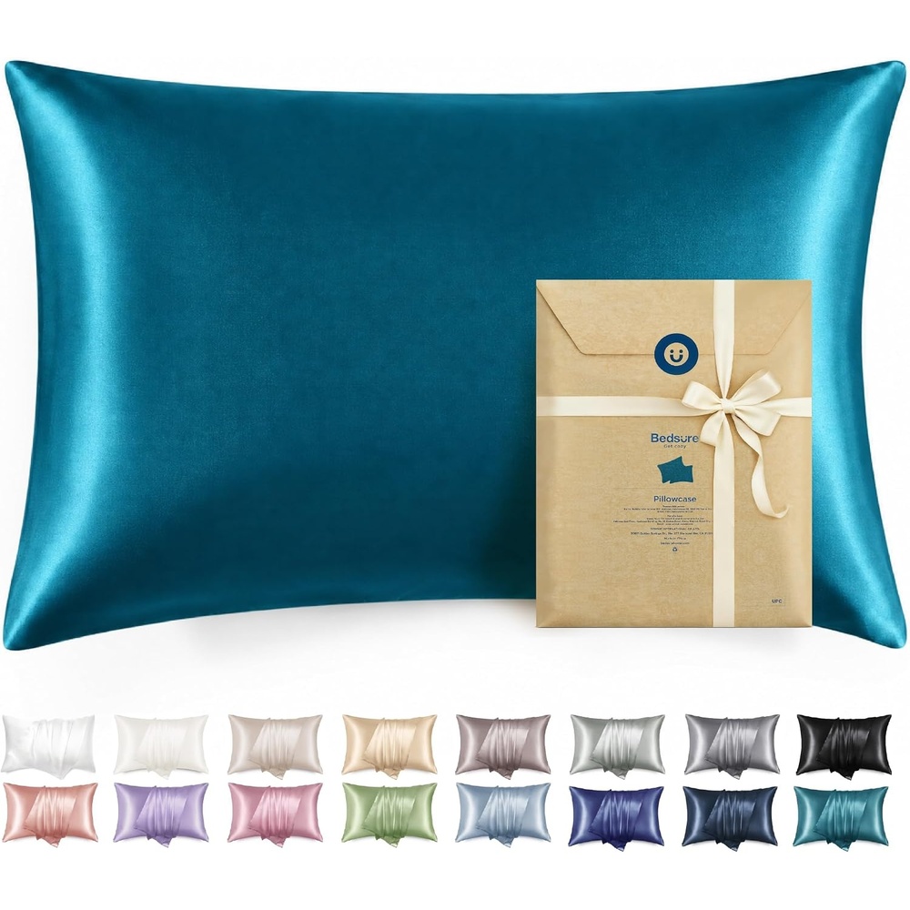 image:imageBedsure Satin Pillowcase with Zipper Similar to Silk Pillow Cases 2 Pack Satin Pillow Cases Queen Silky amp Soft Beige Pillow Covers Hair and Skin Valentines Day Gifts for Women Men 20x30 Inches11 Teal Blue Zipper