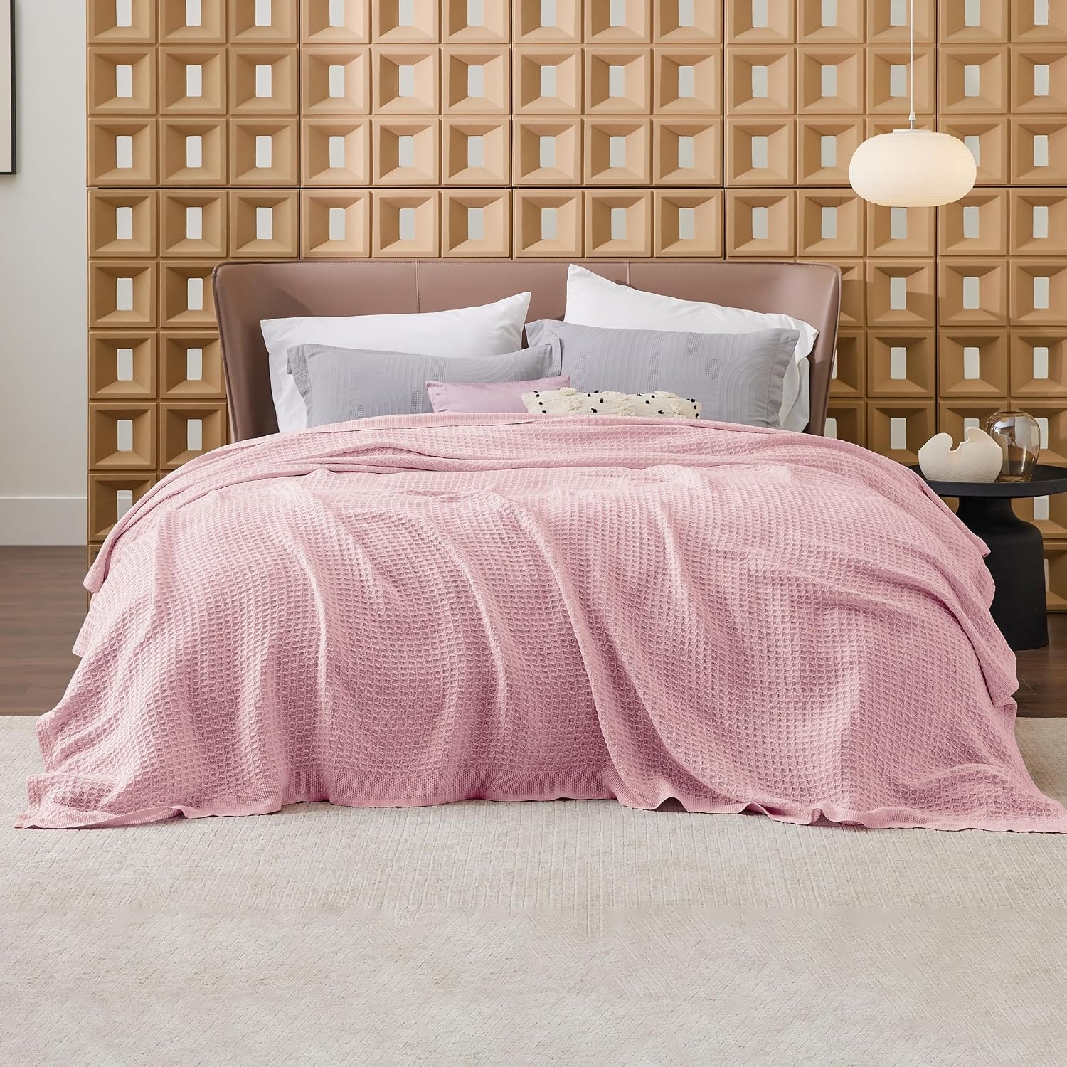 image:imageBedsure 100 Cotton Blanket Queen Size for Bed Cooling Breathable and Soft for Summer and Fall Thick Cozy Waffle Weave Blanket Gifts for Women White 90x90 Inches20 Light Pink