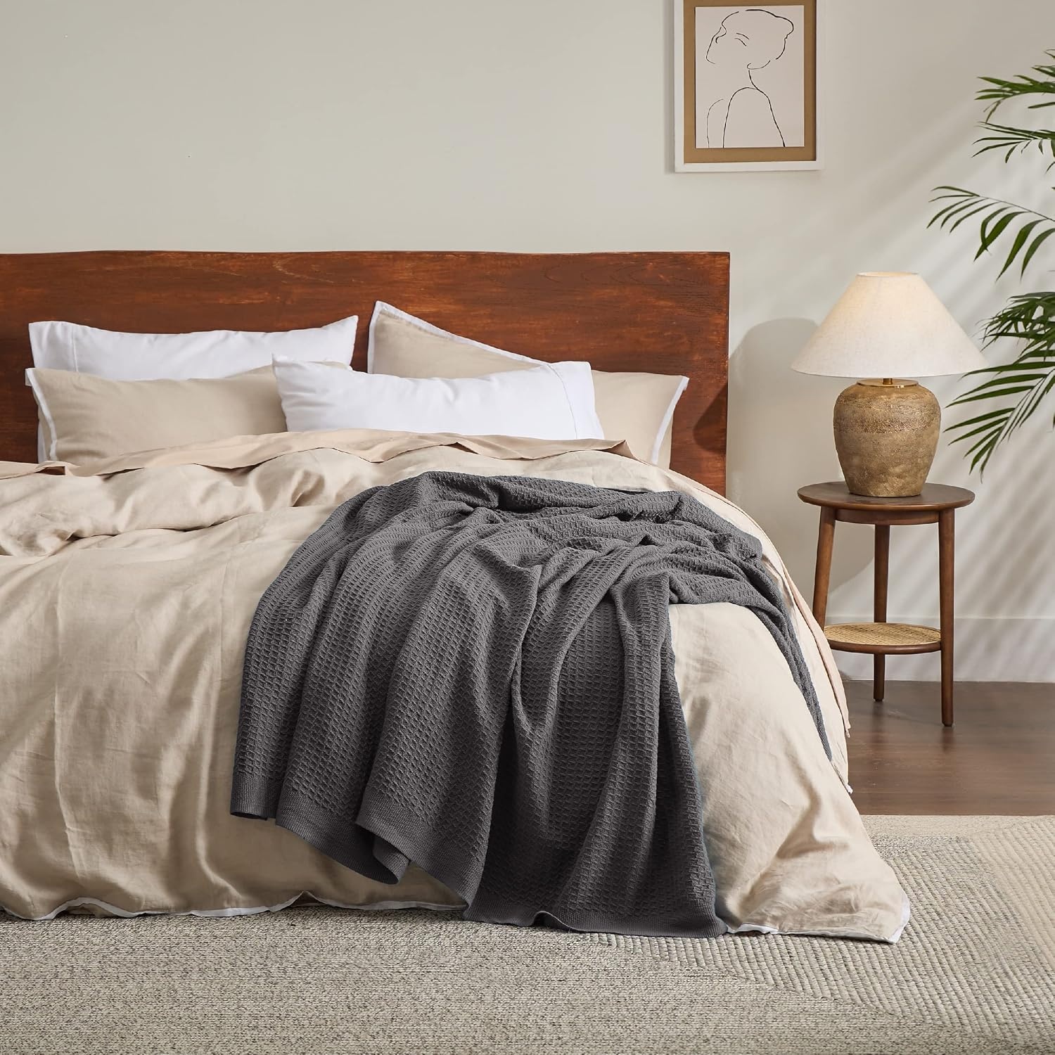 image:imageBedsure 100 Cotton Blanket Queen Size for Bed Cooling Breathable and Soft for Summer and Fall Thick Cozy Waffle Weave Blanket Gifts for Women White 90x90 Inches12 Dark Grey