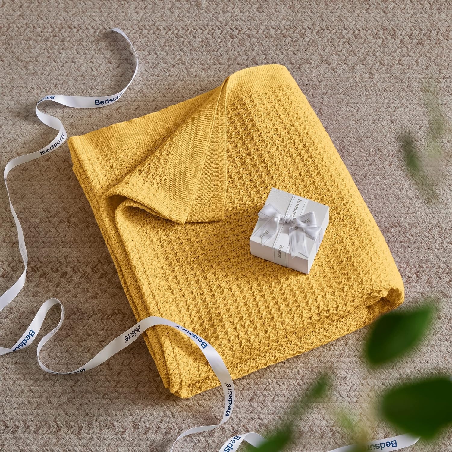 image:imageBedsure 100 Cotton Blanket Queen Size for Bed Cooling Breathable and Soft for Summer and Fall Thick Cozy Waffle Weave Blanket Gifts for Women White 90x90 Inches15 Mustard Yellow