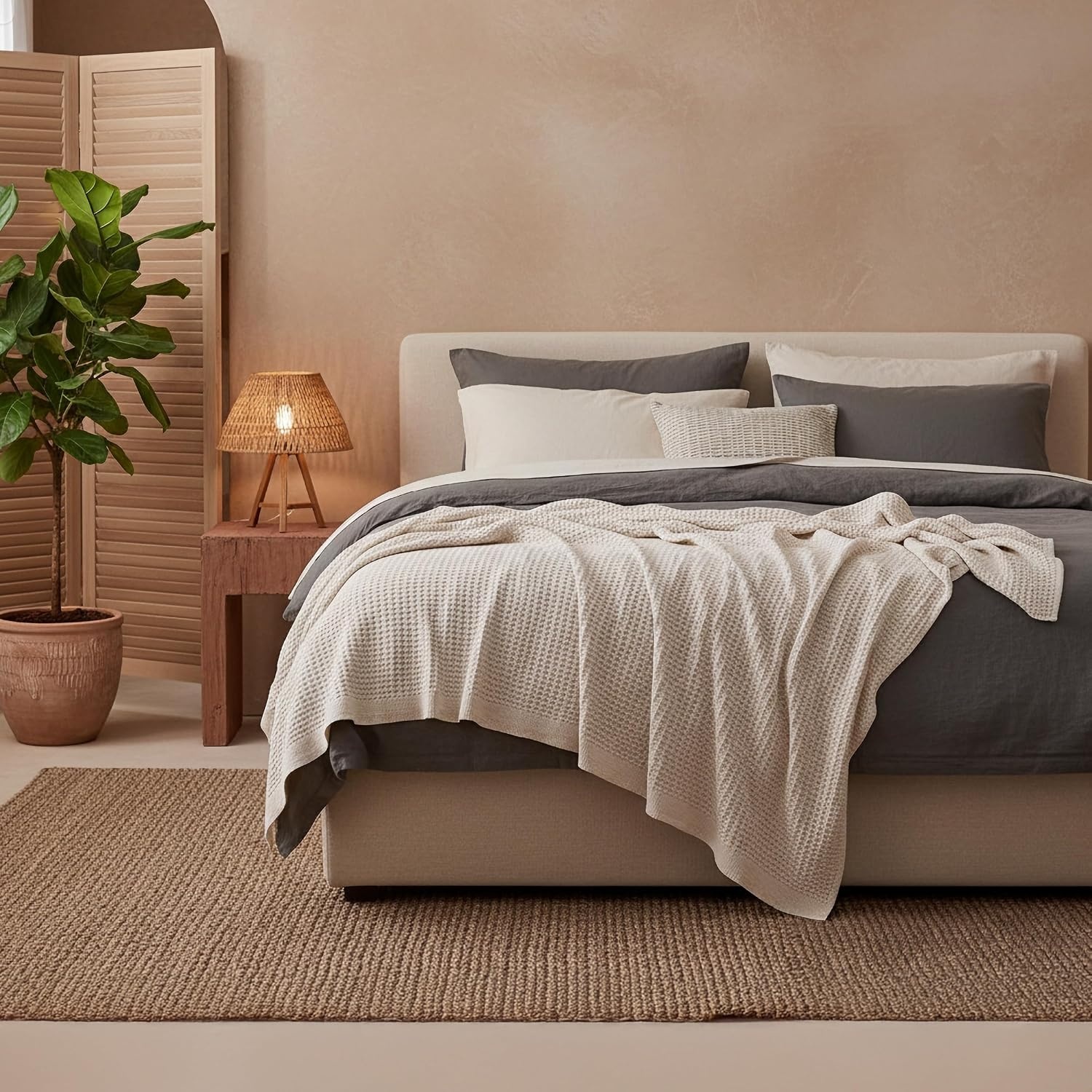 image:imageBedsure 100 Cotton Blanket Queen Size for Bed Cooling Breathable and Soft for Summer and Fall Thick Cozy Waffle Weave Blanket Gifts for Women White 90x90 Inches02 Beige