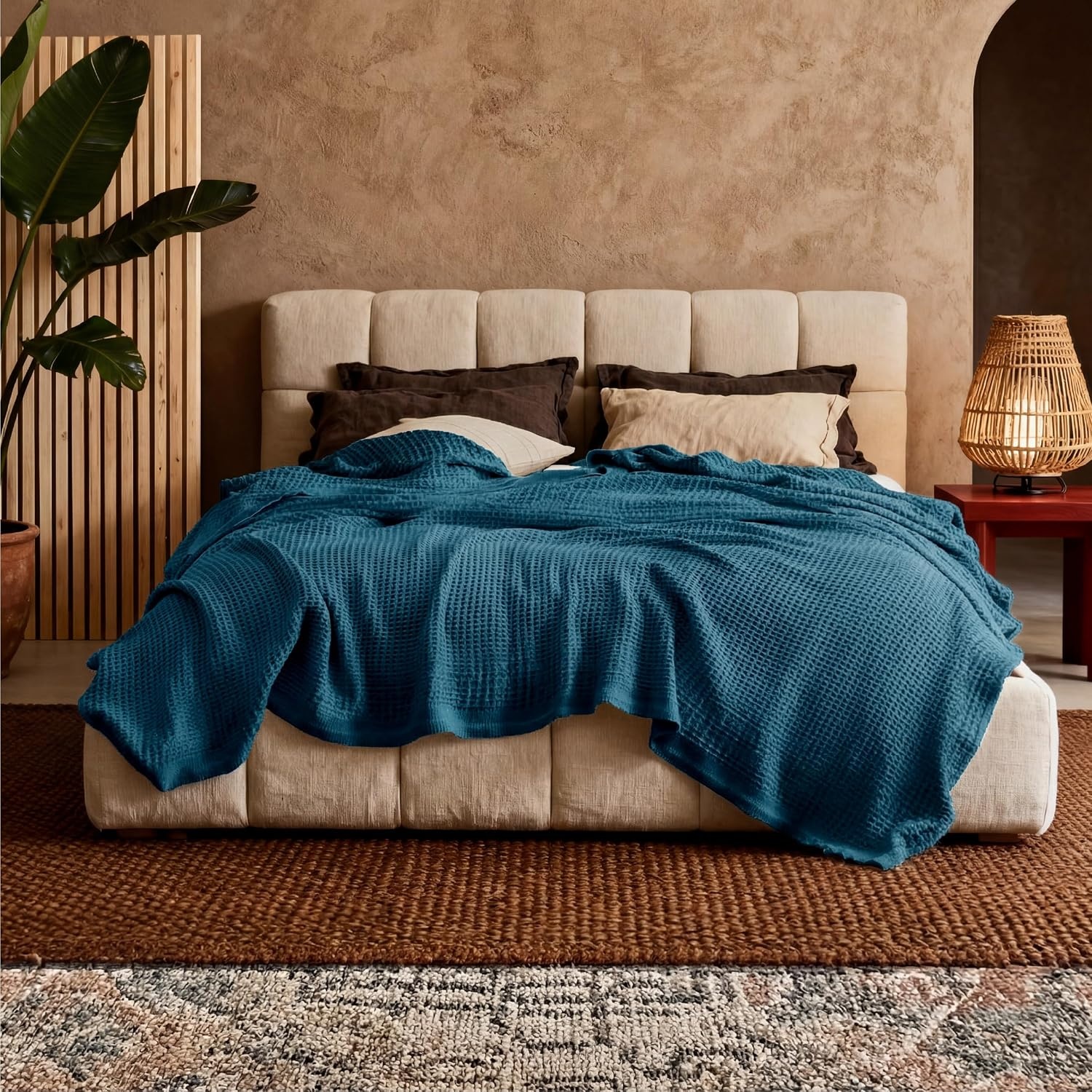 image:imageBedsure 100 Cotton Blanket Queen Size for Bed Cooling Breathable and Soft for Summer and Fall Thick Cozy Waffle Weave Blanket Gifts for Women White 90x90 Inches07 Teal