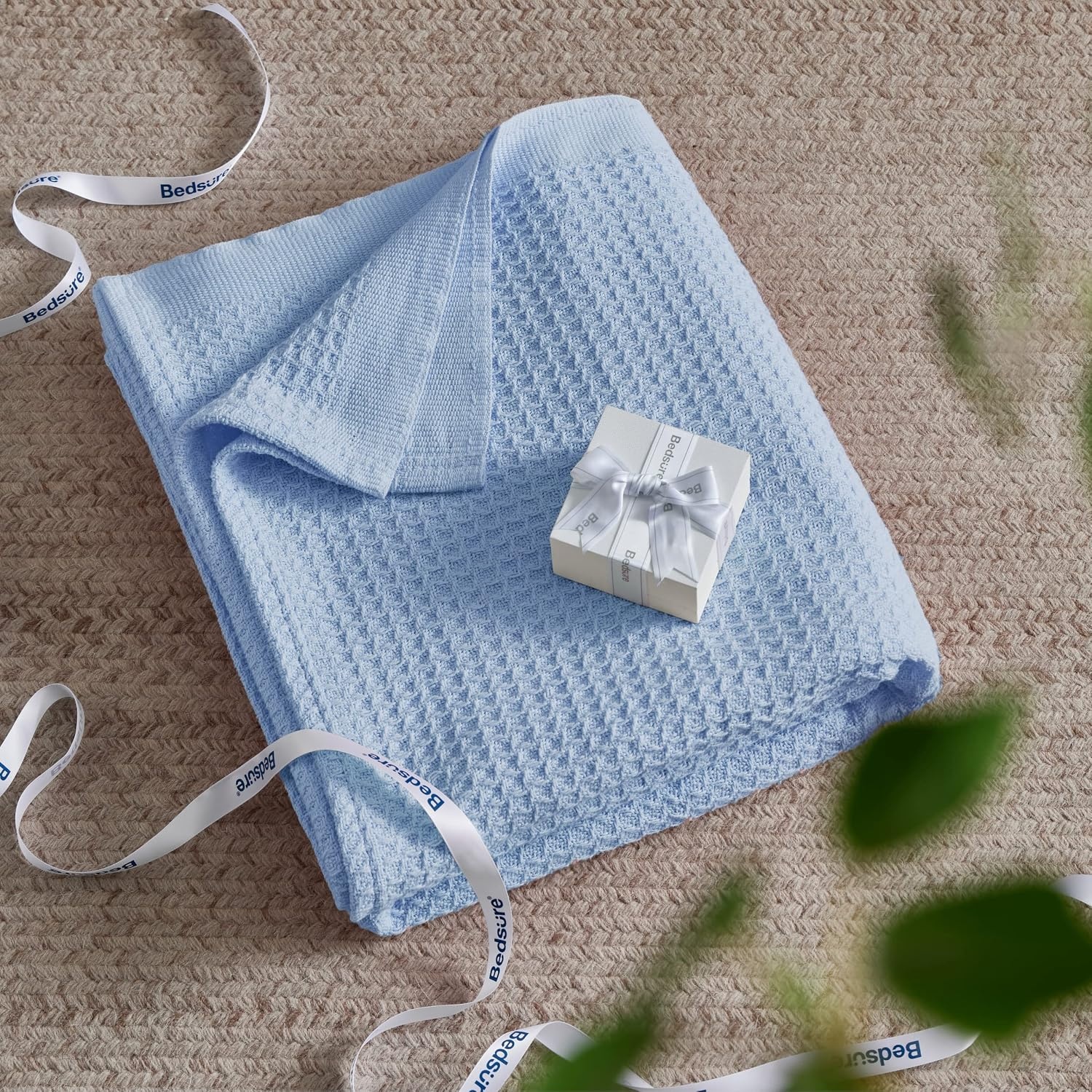 image:imageBedsure 100 Cotton Blanket Queen Size for Bed Cooling Breathable and Soft for Summer and Fall Thick Cozy Waffle Weave Blanket Gifts for Women White 90x90 Inches09 Sky Blue