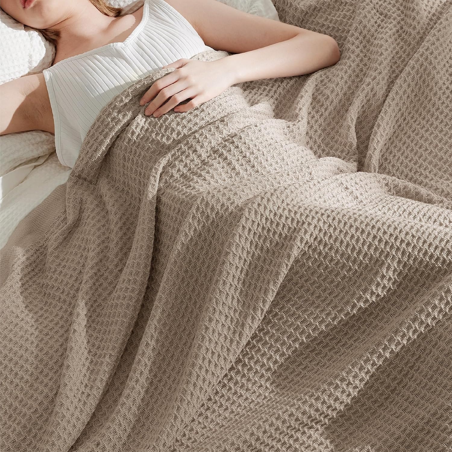 image:imageBedsure 100 Cotton Blanket Queen Size for Bed Cooling Breathable and Soft for Summer and Fall Thick Cozy Waffle Weave Blanket Gifts for Women White 90x90 Inches03 Taupe