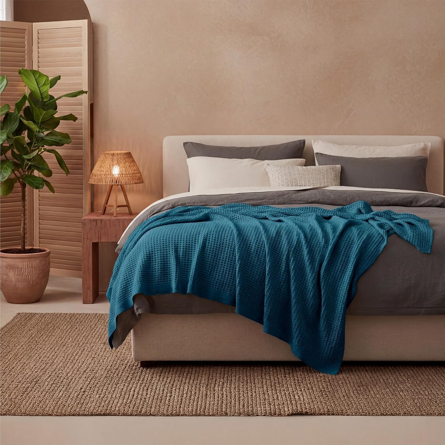image:imageBedsure 100 Cotton Blanket Queen Size for Bed Cooling Breathable and Soft for Summer and Fall Thick Cozy Waffle Weave Blanket Gifts for Women White 90x90 Inches07 Teal