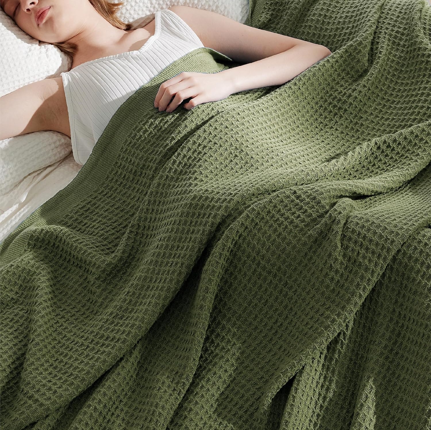 image:imageBedsure 100 Cotton Blanket Queen Size for Bed Cooling Breathable and Soft for Summer and Fall Thick Cozy Waffle Weave Blanket Gifts for Women White 90x90 Inches11 Moss Green