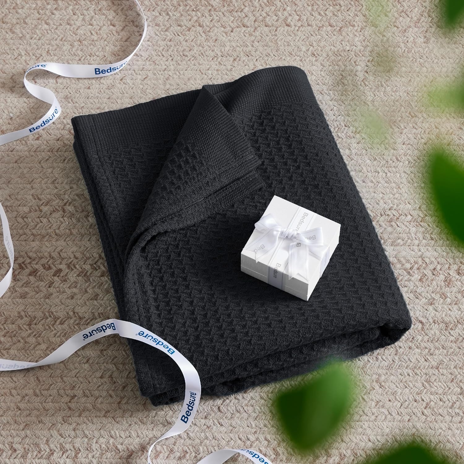 image:imageBedsure 100 Cotton Blanket Queen Size for Bed Cooling Breathable and Soft for Summer and Fall Thick Cozy Waffle Weave Blanket Gifts for Women White 90x90 Inches11 Black