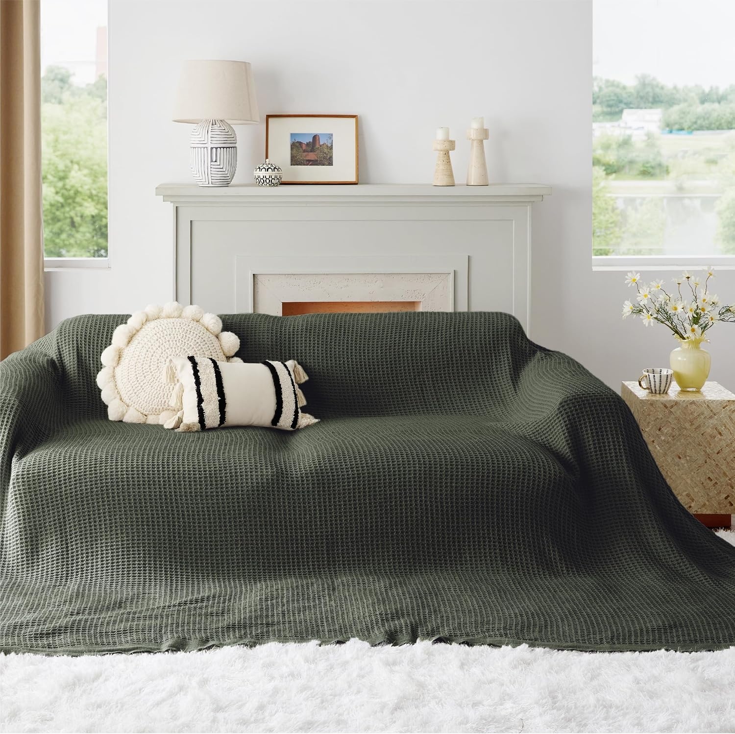 image:imageBedsure 100 Cotton Blanket Queen Size for Bed Cooling Breathable and Soft for Summer and Fall Thick Cozy Waffle Weave Blanket Gifts for Women White 90x90 Inches05 Olive Green