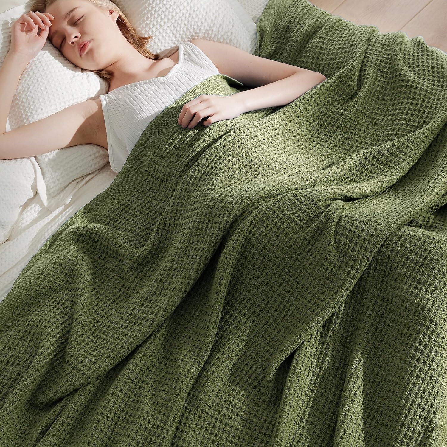 image:imageBedsure 100 Cotton Blanket Queen Size for Bed Cooling Breathable and Soft for Summer and Fall Thick Cozy Waffle Weave Blanket Gifts for Women White 90x90 Inches11 Moss Green