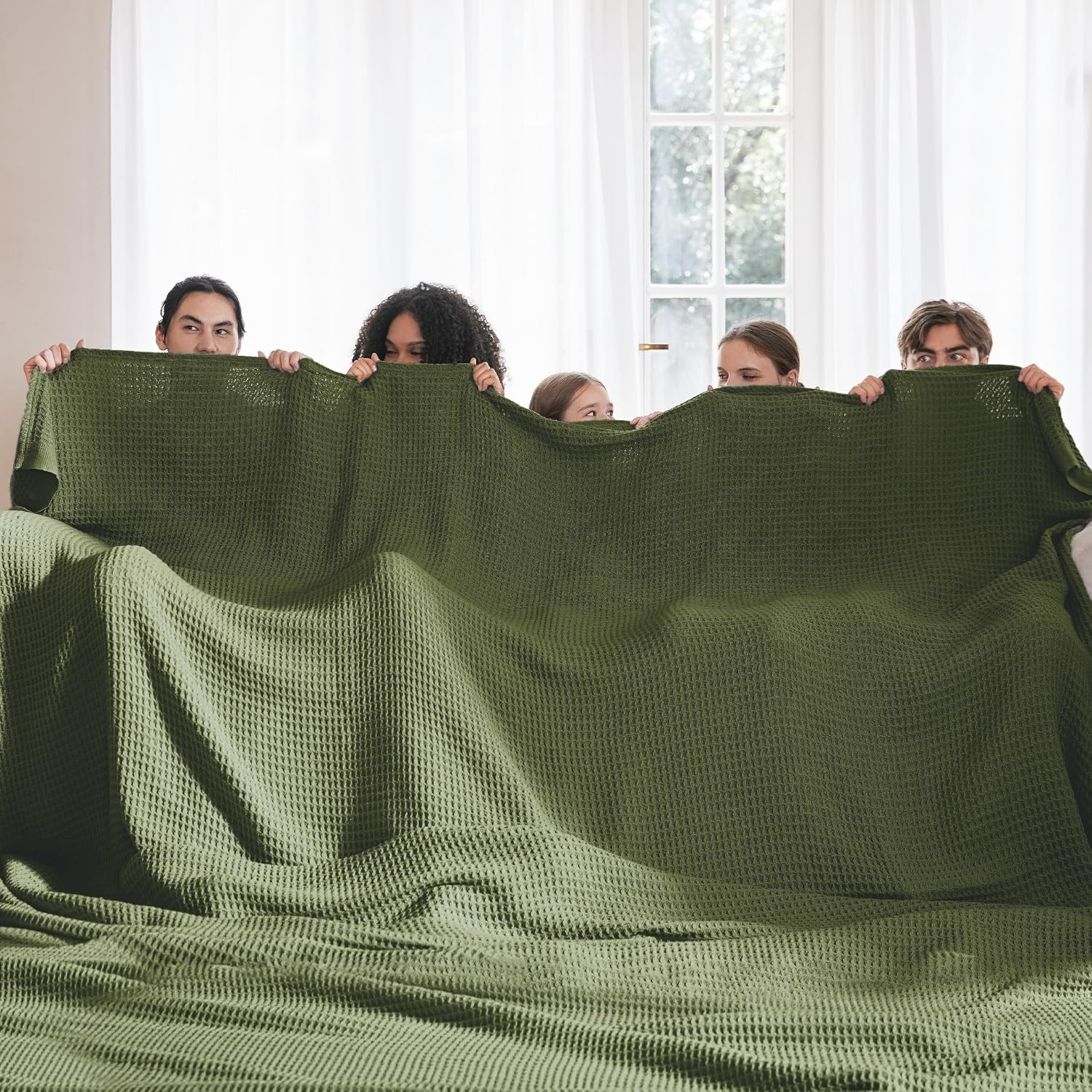 image:imageBedsure 100 Cotton Blanket Queen Size for Bed Cooling Breathable and Soft for Summer and Fall Thick Cozy Waffle Weave Blanket Gifts for Women White 90x90 Inches11 Moss Green