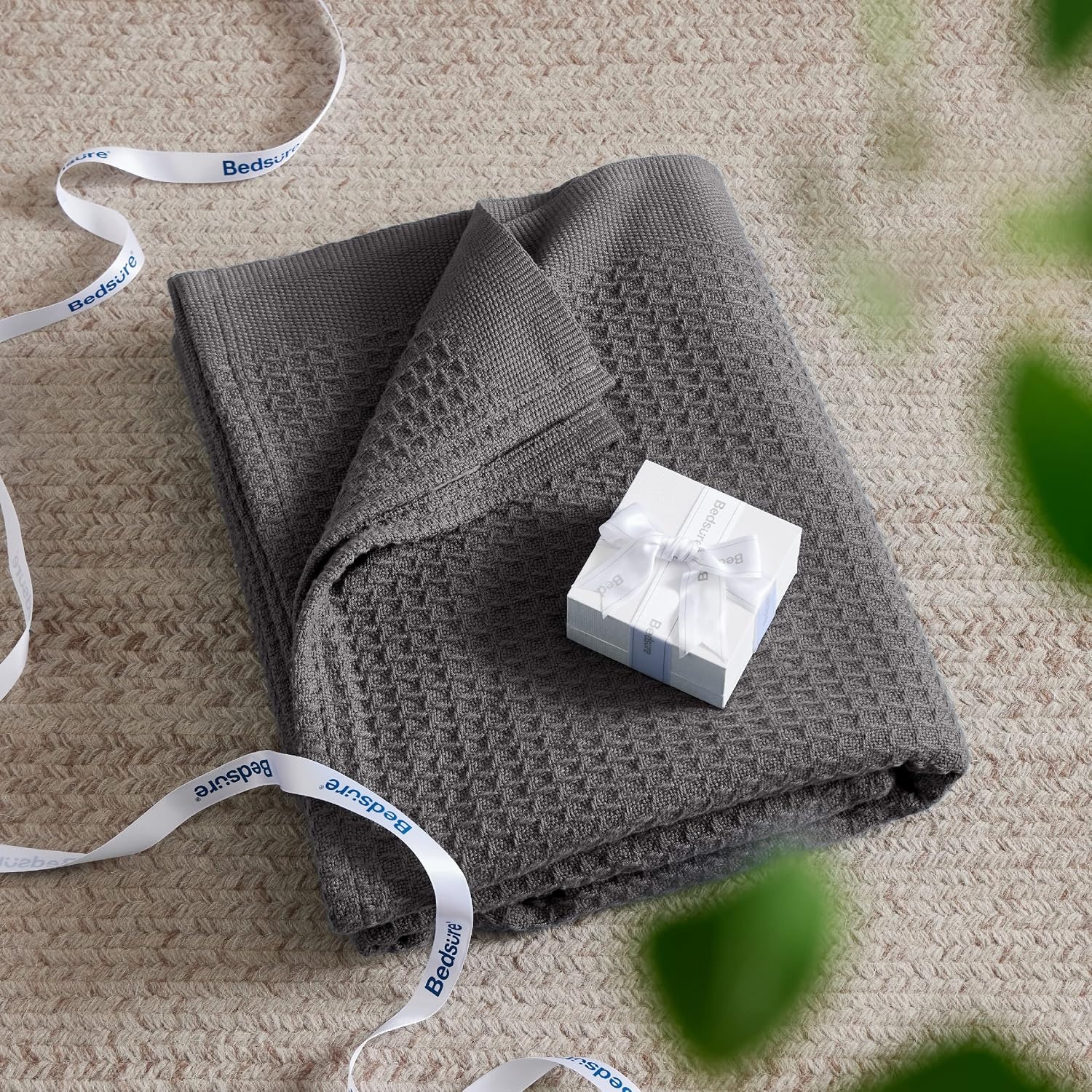 image:imageBedsure 100 Cotton Blanket Queen Size for Bed Cooling Breathable and Soft for Summer and Fall Thick Cozy Waffle Weave Blanket Gifts for Women White 90x90 Inches12 Dark Grey