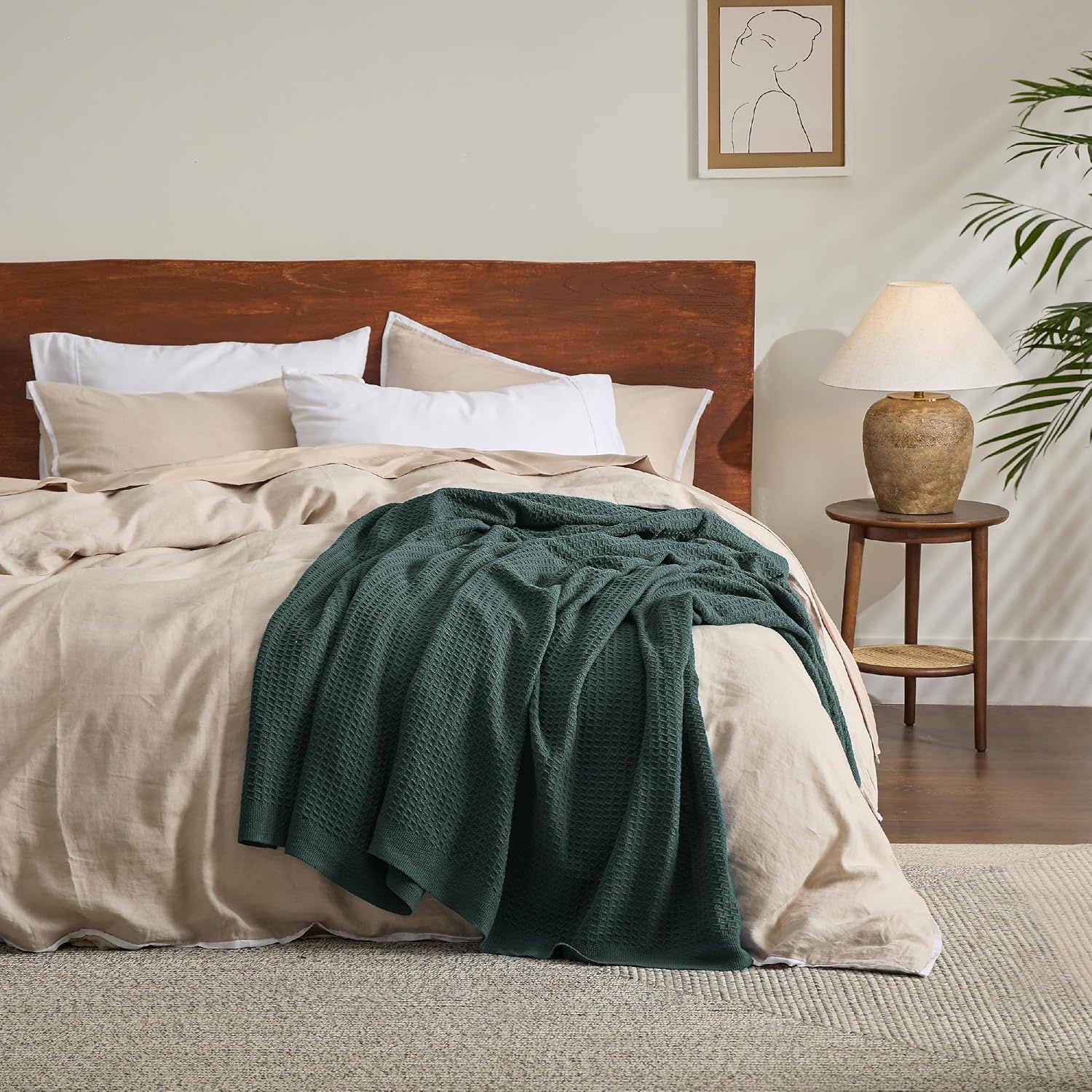 image:imageBedsure 100 Cotton Blanket Queen Size for Bed Cooling Breathable and Soft for Summer and Fall Thick Cozy Waffle Weave Blanket Gifts for Women White 90x90 Inches13 Dark Green
