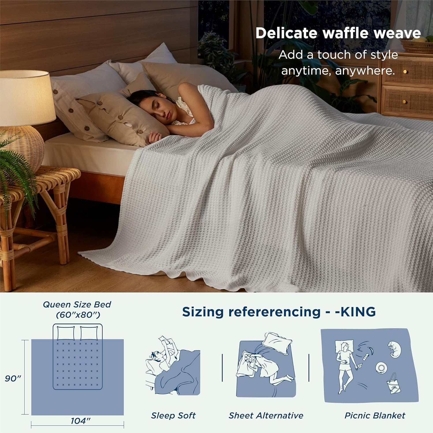 image:imageBedsure 100 Cotton Blanket Queen Size for Bed Cooling Breathable and Soft for Summer and Fall Thick Cozy Waffle Weave Blanket Gifts for Women White 90x90 Inches01 White