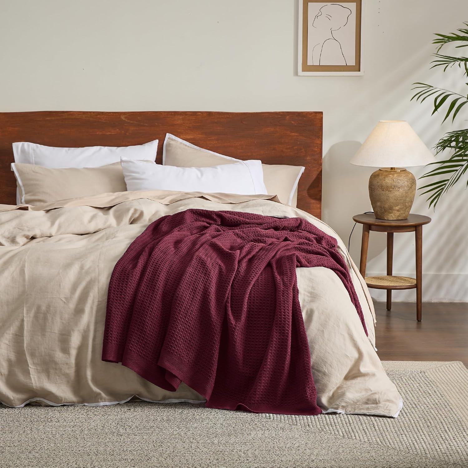 image:imageBedsure 100 Cotton Blanket Queen Size for Bed Cooling Breathable and Soft for Summer and Fall Thick Cozy Waffle Weave Blanket Gifts for Women White 90x90 Inches22 Red