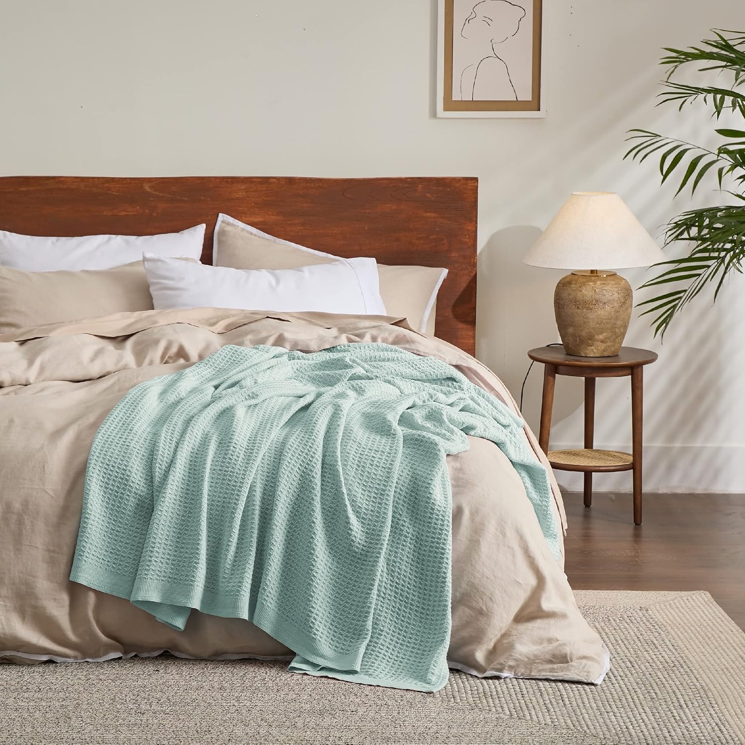 image:imageBedsure 100 Cotton Blanket Queen Size for Bed Cooling Breathable and Soft for Summer and Fall Thick Cozy Waffle Weave Blanket Gifts for Women White 90x90 Inches14 Mint