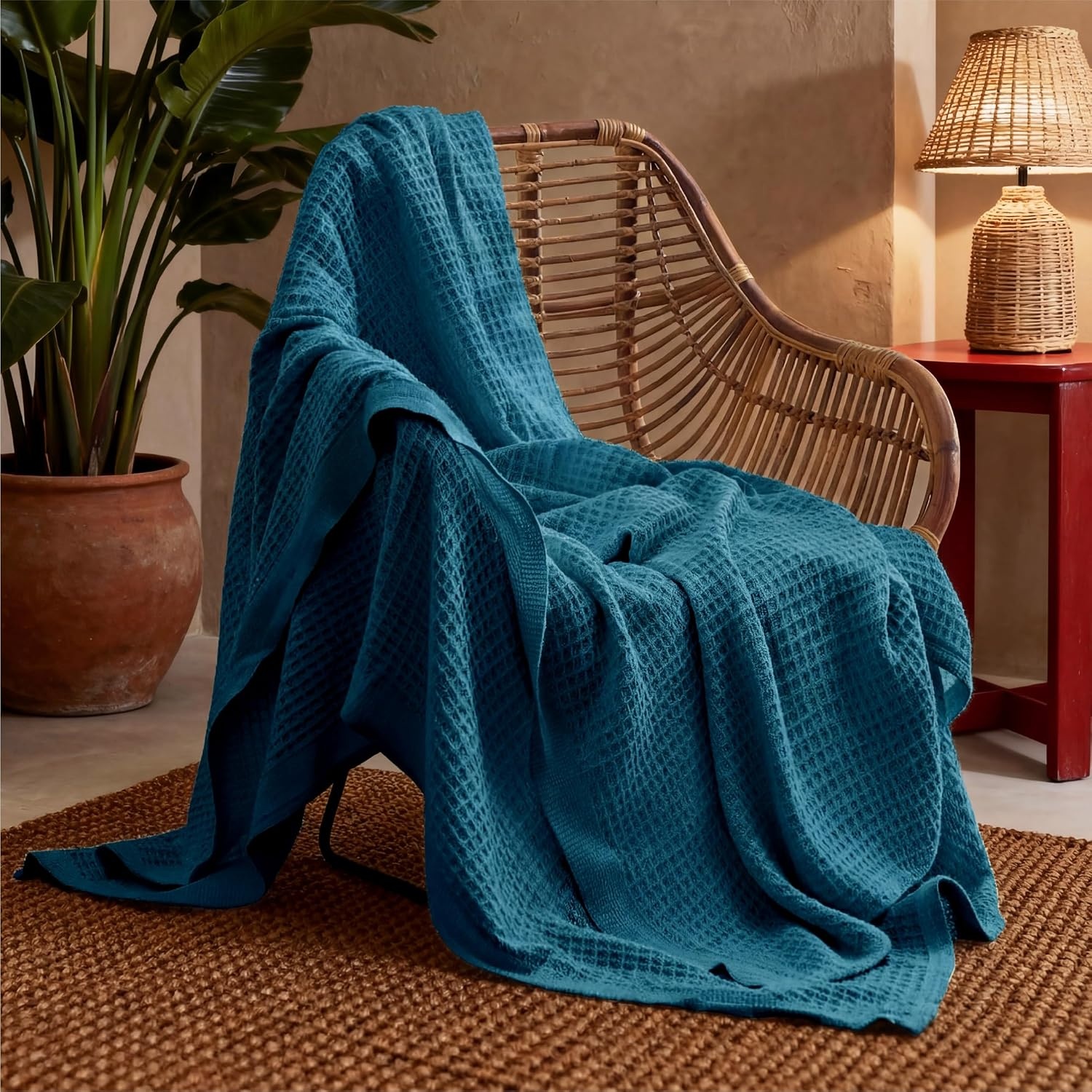 image:imageBedsure 100 Cotton Blanket Queen Size for Bed Cooling Breathable and Soft for Summer and Fall Thick Cozy Waffle Weave Blanket Gifts for Women White 90x90 Inches07 Teal