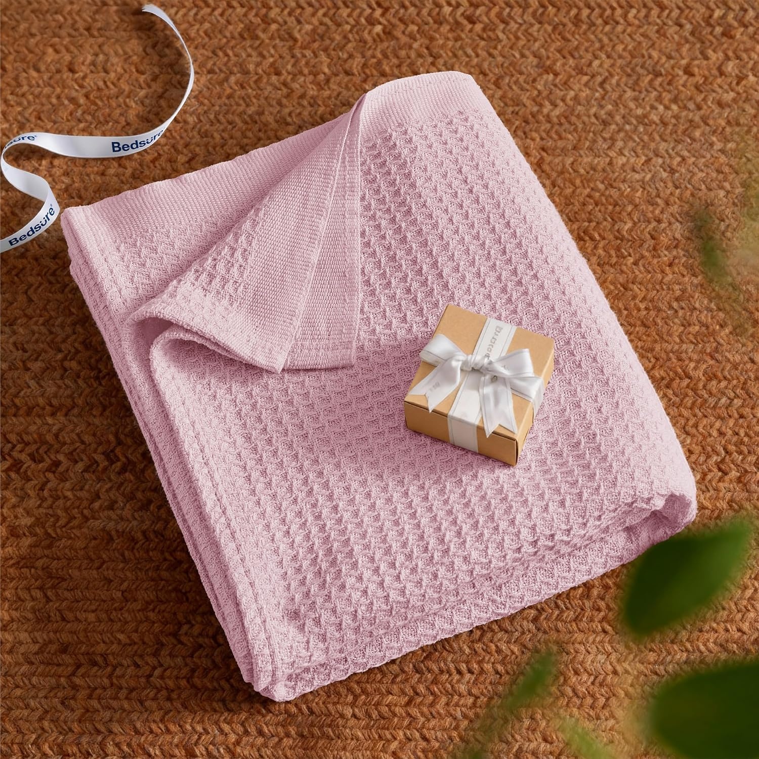 image:imageBedsure 100 Cotton Blanket Queen Size for Bed Cooling Breathable and Soft for Summer and Fall Thick Cozy Waffle Weave Blanket Gifts for Women White 90x90 Inches06 Pink
