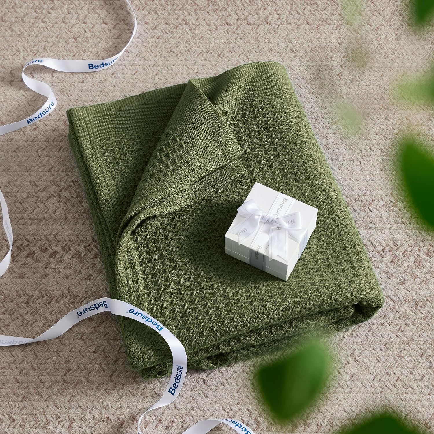 image:imageBedsure 100 Cotton Blanket Queen Size for Bed Cooling Breathable and Soft for Summer and Fall Thick Cozy Waffle Weave Blanket Gifts for Women White 90x90 Inches11 Moss Green