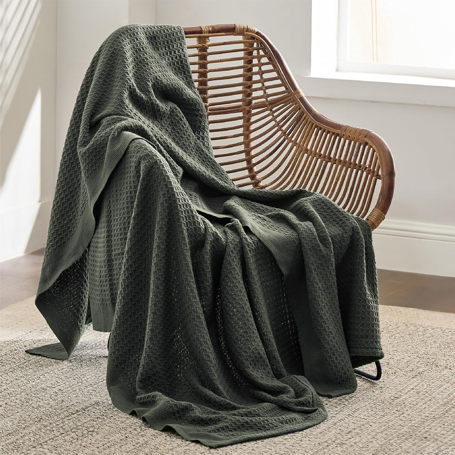 image:imageBedsure 100 Cotton Blanket Queen Size for Bed Cooling Breathable and Soft for Summer and Fall Thick Cozy Waffle Weave Blanket Gifts for Women White 90x90 Inches05 Olive Green