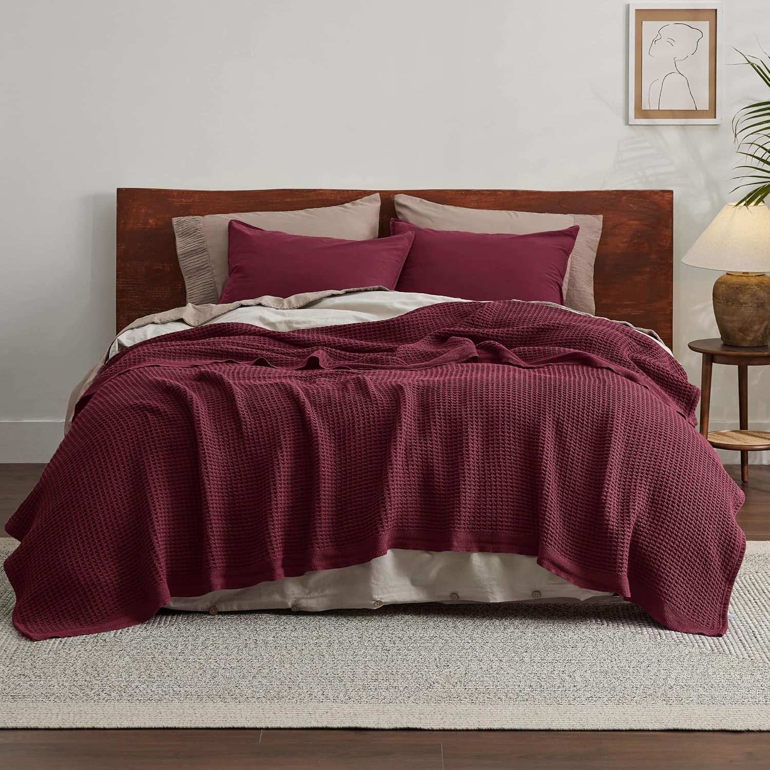 image:imageBedsure 100 Cotton Blanket Queen Size for Bed Cooling Breathable and Soft for Summer and Fall Thick Cozy Waffle Weave Blanket Gifts for Women White 90x90 Inches22 Red