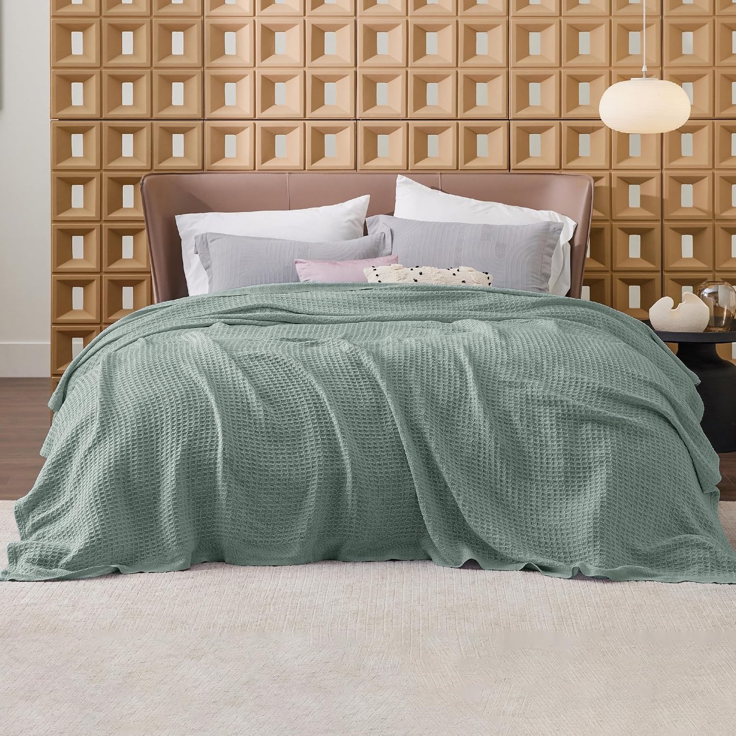 image:imageBedsure 100 Cotton Blanket Queen Size for Bed Cooling Breathable and Soft for Summer and Fall Thick Cozy Waffle Weave Blanket Gifts for Women White 90x90 Inches04 Sage Green