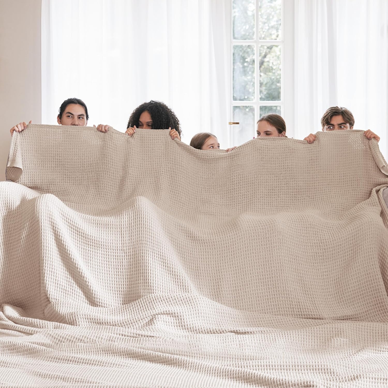 image:imageBedsure 100 Cotton Blanket Queen Size for Bed Cooling Breathable and Soft for Summer and Fall Thick Cozy Waffle Weave Blanket Gifts for Women White 90x90 Inches02 Beige