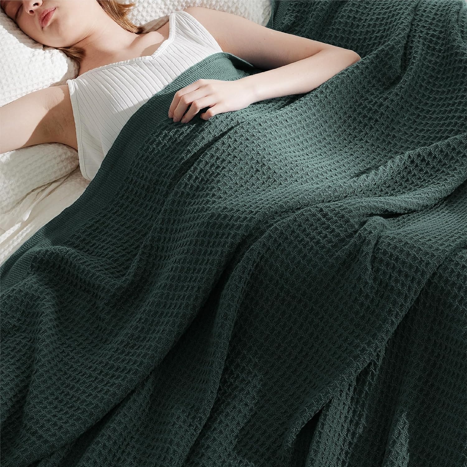 image:imageBedsure 100 Cotton Blanket Queen Size for Bed Cooling Breathable and Soft for Summer and Fall Thick Cozy Waffle Weave Blanket Gifts for Women White 90x90 Inches13 Dark Green