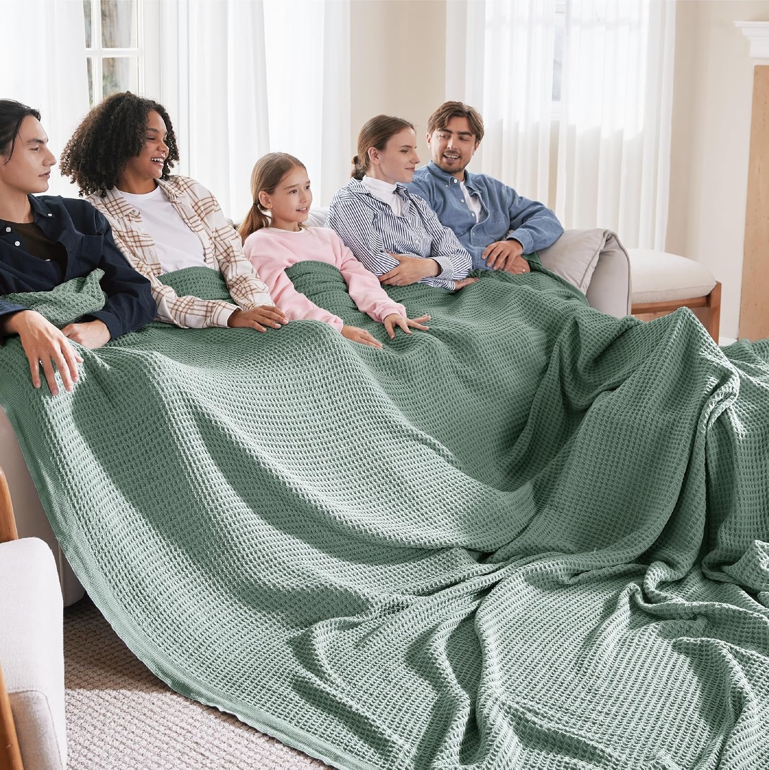 image:imageBedsure 100 Cotton Blanket Queen Size for Bed Cooling Breathable and Soft for Summer and Fall Thick Cozy Waffle Weave Blanket Gifts for Women White 90x90 Inches04 Sage Green