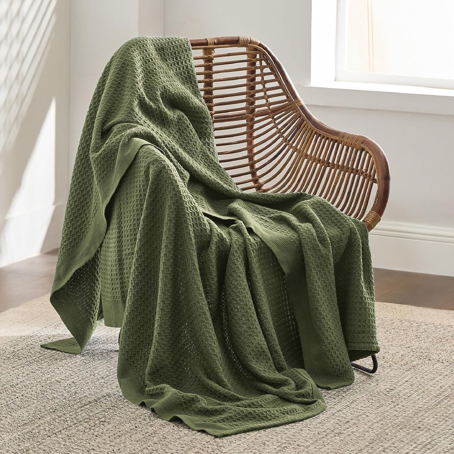 image:imageBedsure 100 Cotton Blanket Queen Size for Bed Cooling Breathable and Soft for Summer and Fall Thick Cozy Waffle Weave Blanket Gifts for Women White 90x90 Inches11 Moss Green