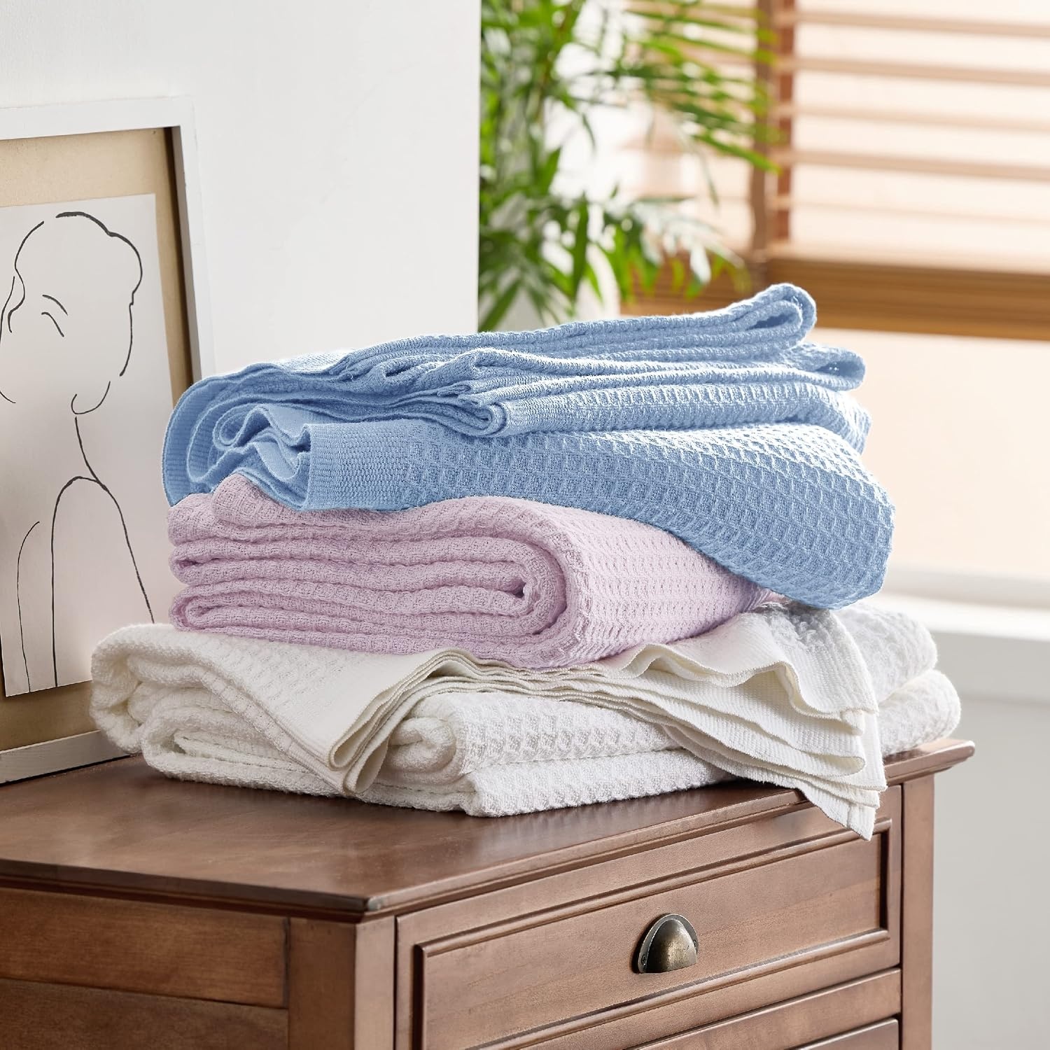 image:imageBedsure 100 Cotton Blanket Queen Size for Bed Cooling Breathable and Soft for Summer and Fall Thick Cozy Waffle Weave Blanket Gifts for Women White 90x90 Inches09 Sky Blue