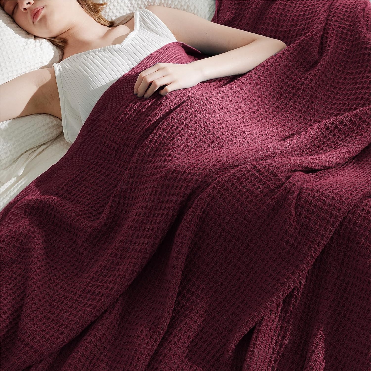 image:imageBedsure 100 Cotton Blanket Queen Size for Bed Cooling Breathable and Soft for Summer and Fall Thick Cozy Waffle Weave Blanket Gifts for Women White 90x90 Inches22 Red